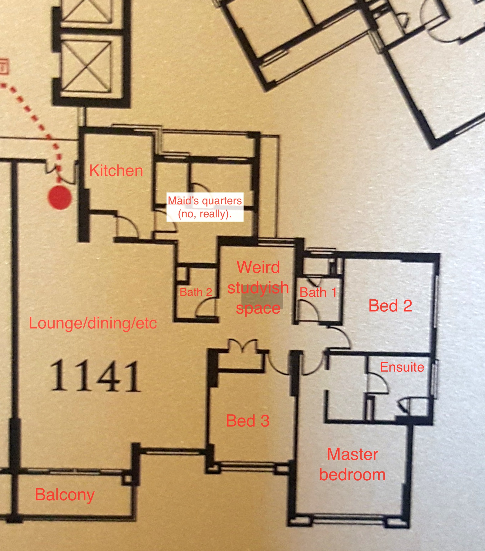 This badly-annotated floor plan is from the emergency exit diagram on the back of our front door.