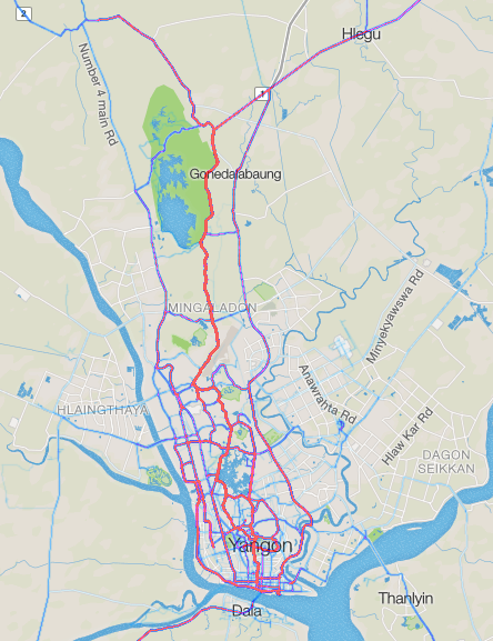 This is where people on Strava* ride around Yangon - darker red equals more rides.
